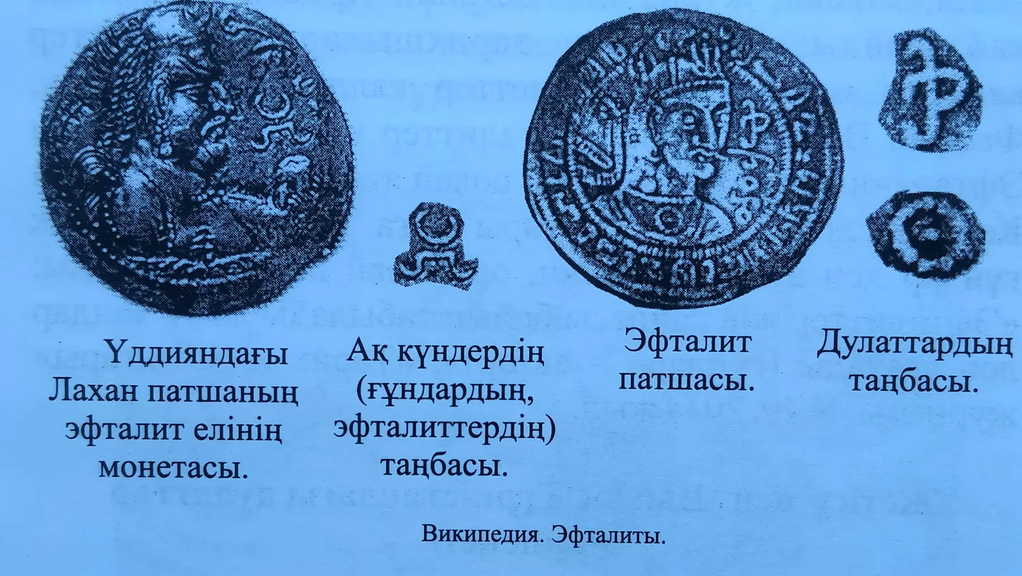 Эфталит монеталары және ақ күндер мен дулаттарға телінген таңбалар. «Дулаттар», 107-бет.